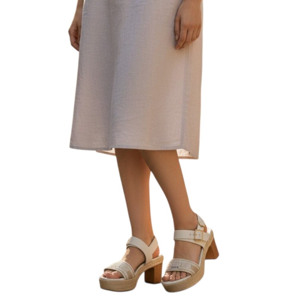Christian Dior Leather Raffia Dway Embroidered Logo Platfrorm Sandals Beige 37